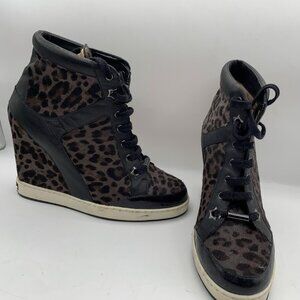 Jimmy Choo Leopard Print Calf Hair and Leather Wedge Sneakers 7